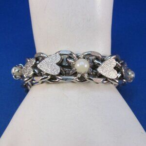 Vintage Textured Silver Tone Heart Faux Pearl Bracelet